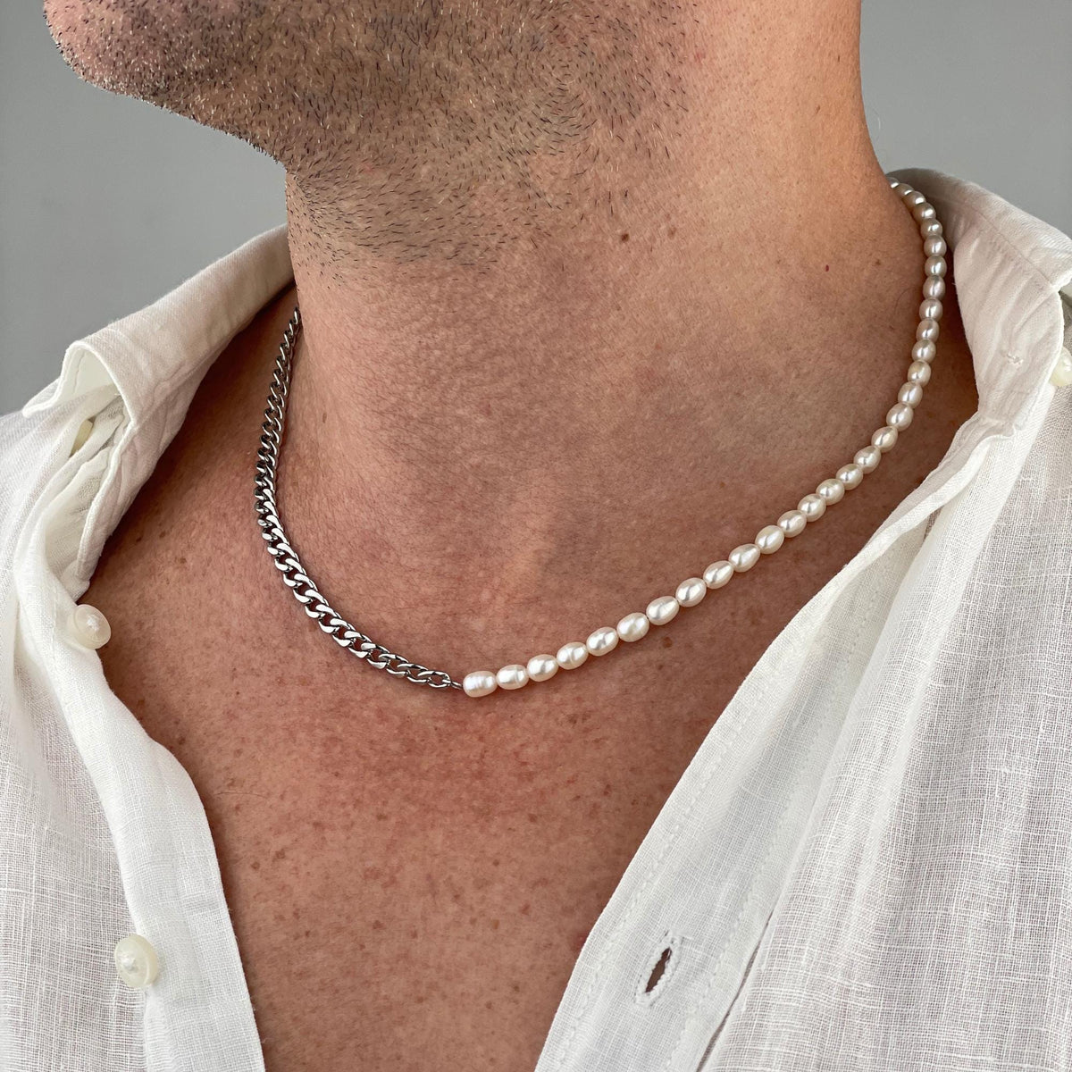 Pearl Chain Necklace, Half Pearl and Chain Necklace, Black Pearl, Gray Pearl, Choker Jewelry