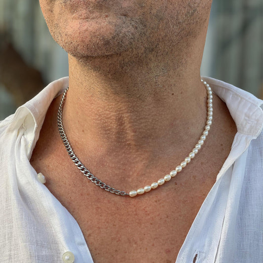 Pearl Chain Necklace, Half Pearl and Chain Necklace, Black Pearl, Gray Pearl, Choker Jewelry