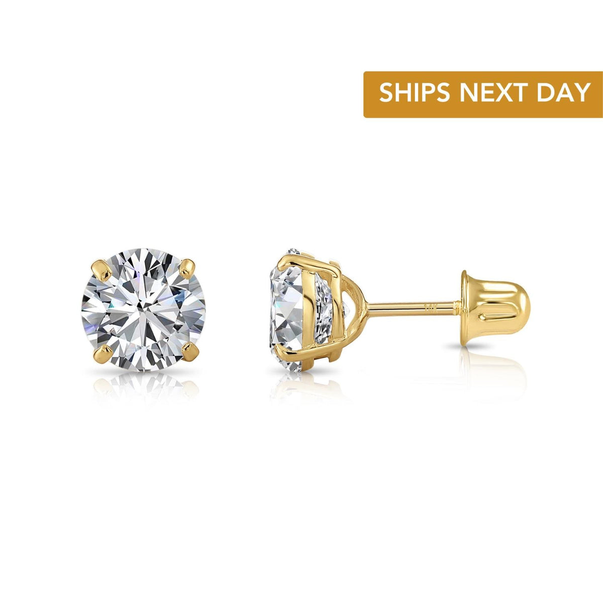 14K Yellow Gold Cubic Zirconia Stud Earrings with Screwbacks, 14K Gold round Solitaire CZ Studs, Unisex, by TILO Jewelry