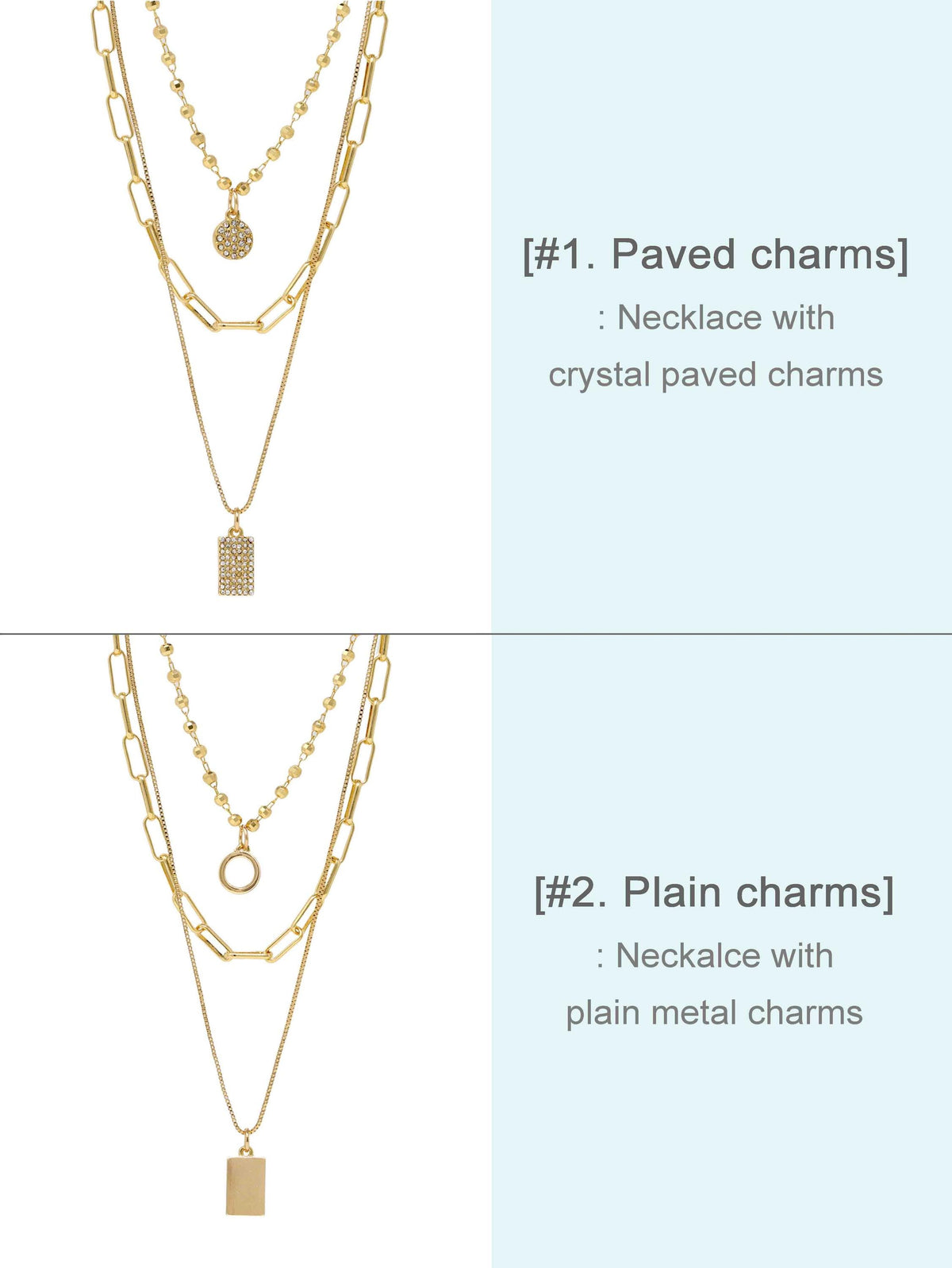 Gold Layered Necklace Set, Triple Layer Charm Necklace with Detangler Clasp, Pave Crystal 3 Strand Necklace, Gift for Her
