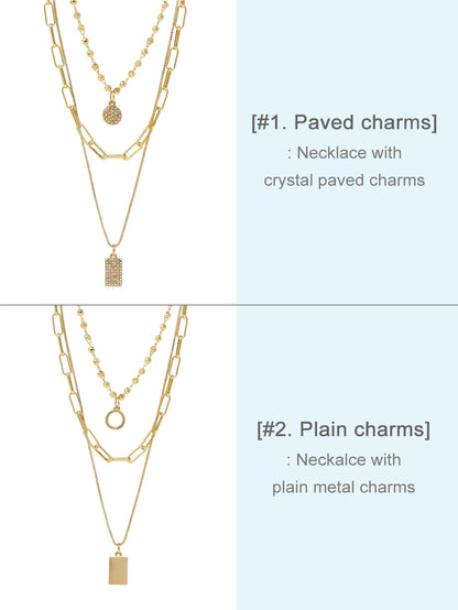 Gold Layered Necklace Set, Triple Layer Charm Necklace with Detangler Clasp, Pave Crystal 3 Strand Necklace, Gift for Her