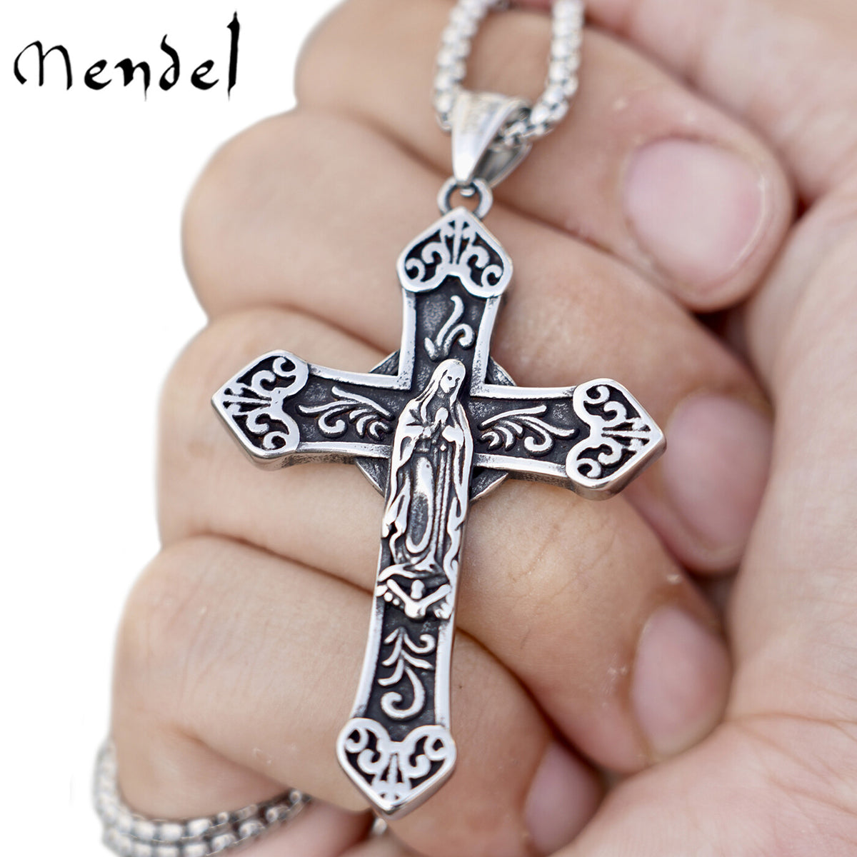 MENDEL Mens Catholic Virgin Mary Our Lady of Guadelupe Cross Pendant Necklace