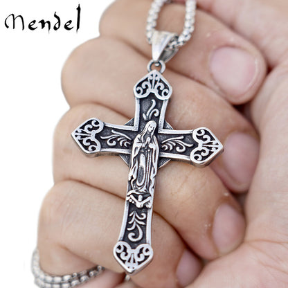MENDEL Mens Catholic Virgin Mary Our Lady of Guadelupe Cross Pendant Necklace