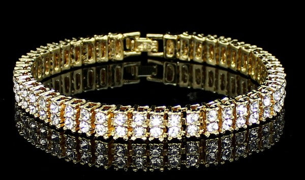 Mens Womens 2 Row Cz Tennis Bracelet 14K Gold Plated Fashion Jewelry 8 Inch