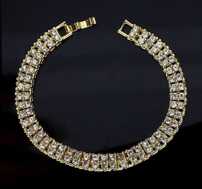 Mens Womens 2 Row Cz Tennis Bracelet 14K Gold Plated Fashion Jewelry 8 Inch