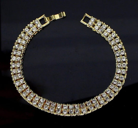 Mens Womens 2 Row Cz Tennis Bracelet 14K Gold Plated Fashion Jewelry 8 Inch