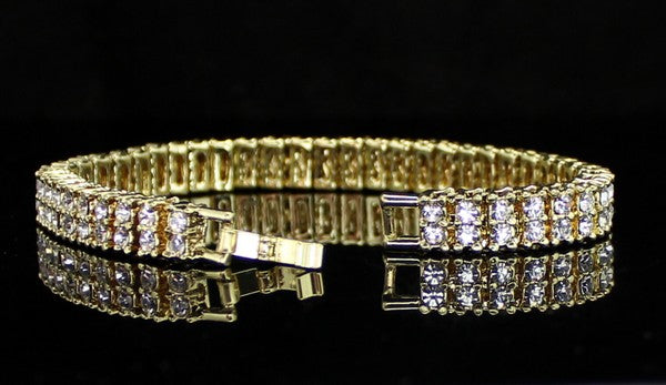 Mens Womens 2 Row Cz Tennis Bracelet 14K Gold Plated Fashion Jewelry 8 Inch