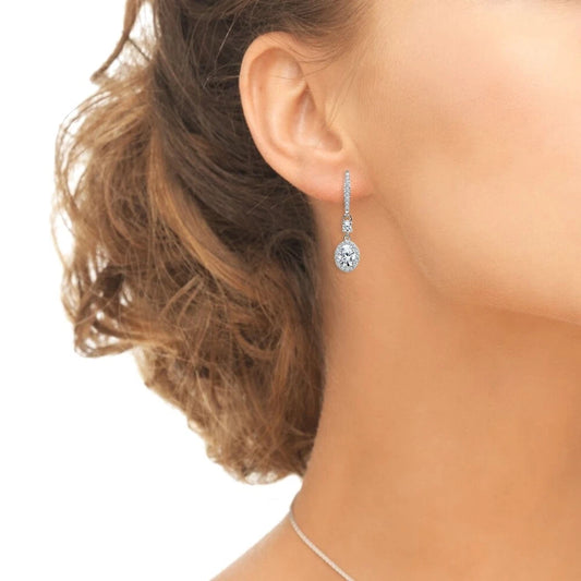 Sterling Silver Oval-Cut CZ Halo Lever-back Earrings