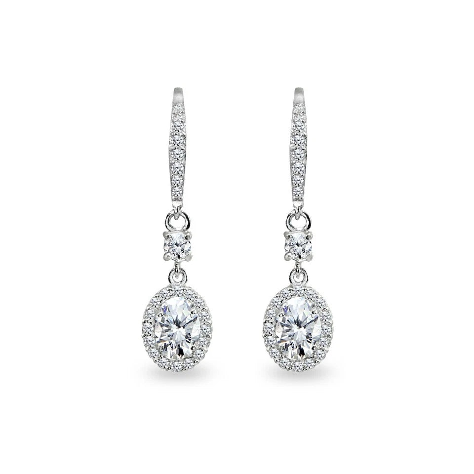 Sterling Silver Oval-Cut CZ Halo Lever-back Earrings