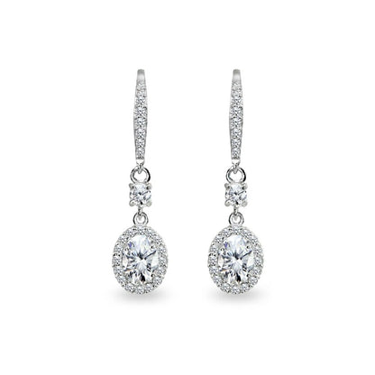 Sterling Silver Oval-Cut CZ Halo Lever-back Earrings